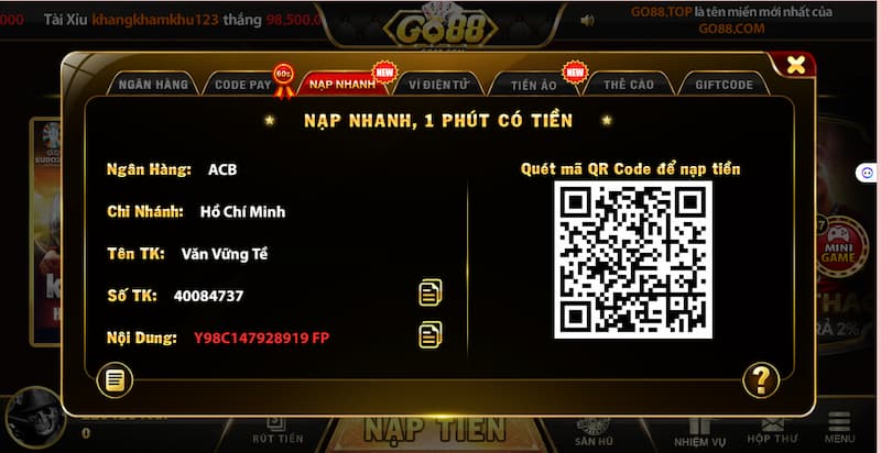 Cách nạp tiền Go88 qua tài khoản ngân hàng