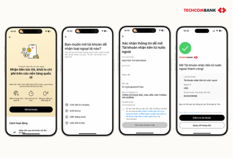 Các bước mở Tài khoản Nhận tiền nước ngoài trên Techcombank Mobile.