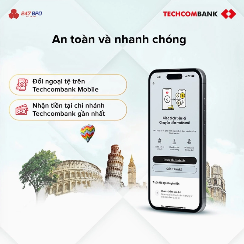 Yêu cầu đổi ngoại tệ chỉ với 3 bước trên Techcombank Mobile.